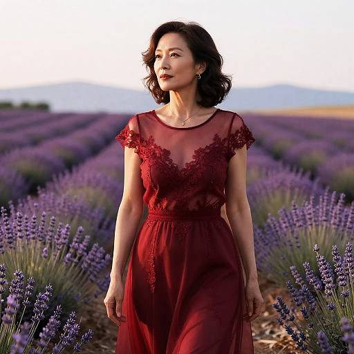 Mature Woman in Red Dress in Lavender Field