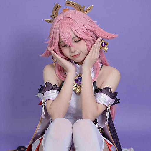 Playful Cosplay Girl with Pink Hair