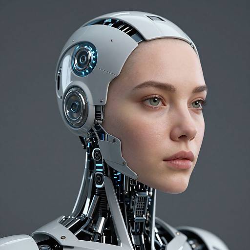Photorealistic CGI of a young woman with pale skin and blue eyes, her head partially replaced with futuristic robotic components, against a dark gray background.