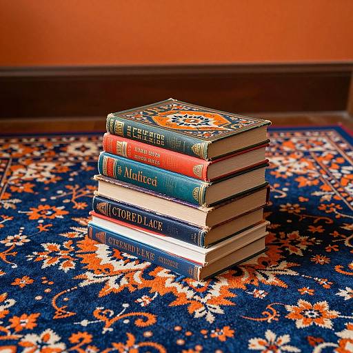 Stack of five classic hardcover books with ornate covers, including 