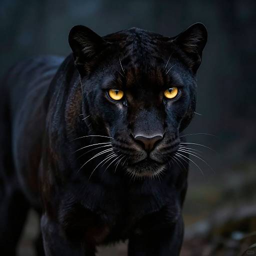 Photograph of a black panther with intense, glowing yellow eyes, standing in a dark, blurred forest background. The panther's fur is sleek