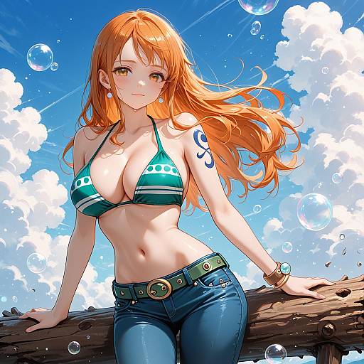 Anime Girl Nami in Green Bikini and Jeans