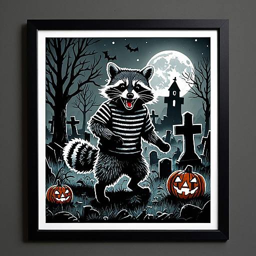 Halloween Raccoon in Graveyard Illustration