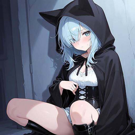 Shy Blue-Haired Girl in Animal Hoodie