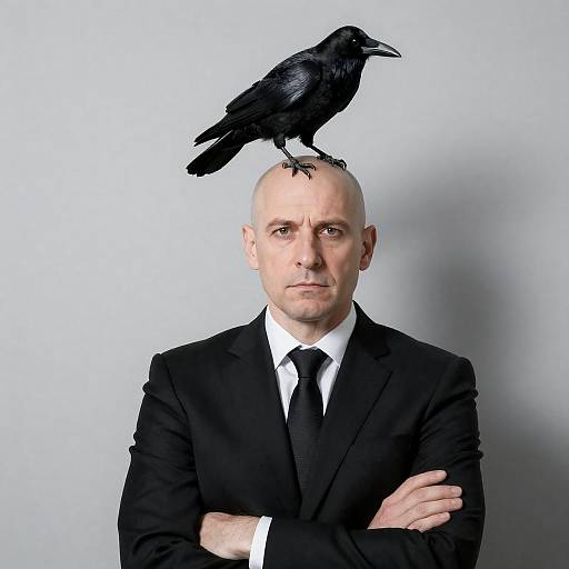 Serious bald man with crow on head
