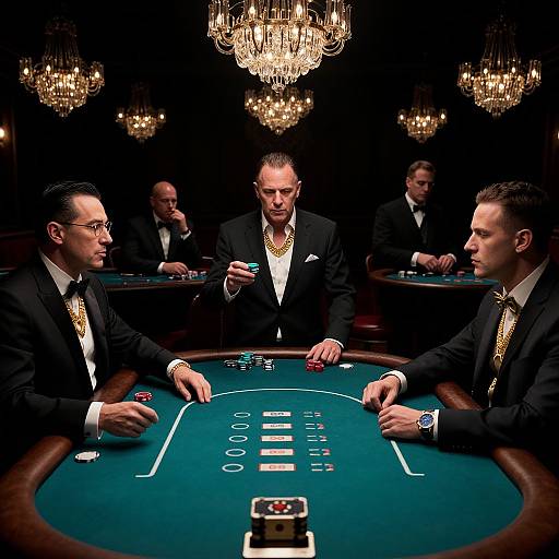 Photograph of four men in black suits and gold ties, playing poker at a green casino table, illuminated by elegant chandeliers.