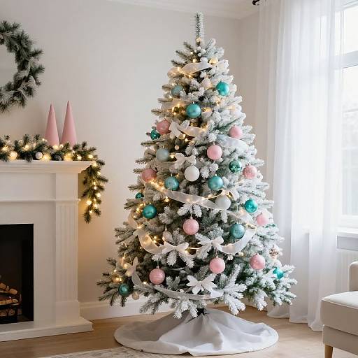 Photograph of a snow-dusted Christmas tree adorned with pink, teal, and white ornaments, standing in a bright, white-walled living room.