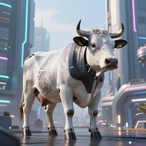 Cybernetic Humanoid Cow in Futuristic City