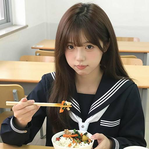 Asian Woman Enjoying a Meal in Uniform