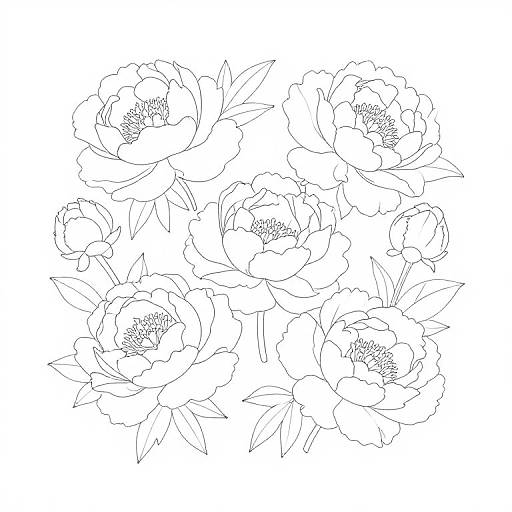 Black and white line drawing of six blooming peonies with detailed petals and leaves, arranged in a slightly overlapping cluster.