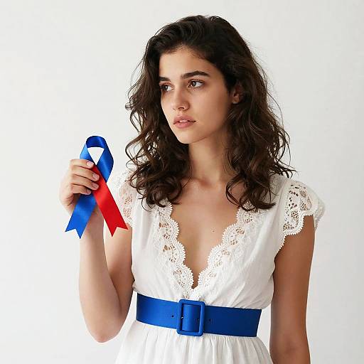 Photograph of a young woman with wavy brown hair, wearing a white lace-trimmed dress with a blue belt, holding a red and blue