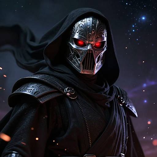 Digital artwork of a hooded figure with glowing red eyes, intricate silver skull mask, and dark armor, set against a starry, cosmic background.