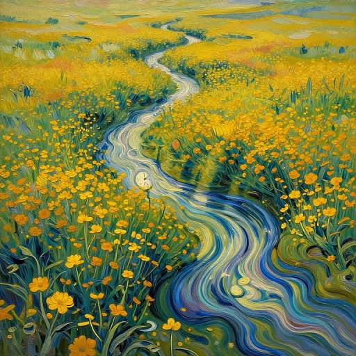 Vibrant, swirling digital painting of a winding blue river through a golden field of yellow flowers, blending colors in abstract style.