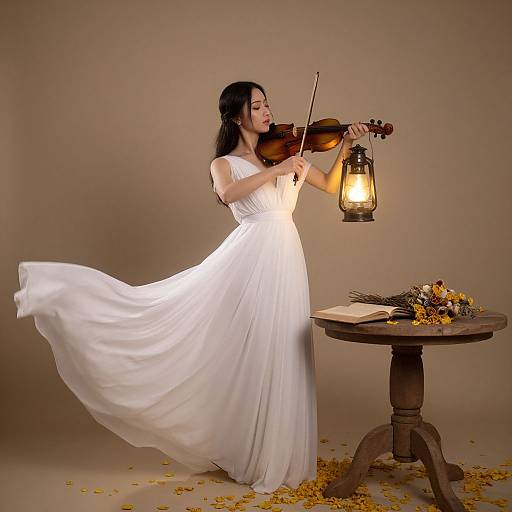 Photograph of an Asian woman in a flowing white gown, playing violin beside a lantern-lit wooden table with yellow flowers.