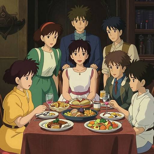 Anime-style family dinner: six characters, three boys, three girls, seated at table with plates, wine glasses, and various dishes. Warm, dim