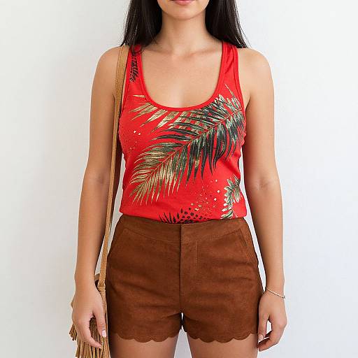 Photograph of a woman with long black hair, wearing a red tank top with palm leaf prints, brown shorts, and a beige fringe shoulder bag,