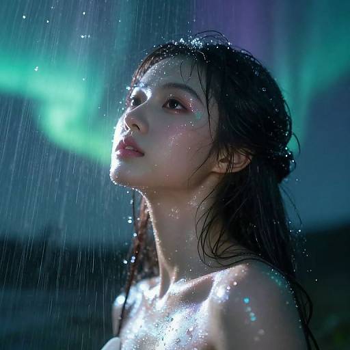 Photograph of a young woman with wet, dark hair, illuminated by glowing green light, gazing upwards in rain. Her skin glistens with