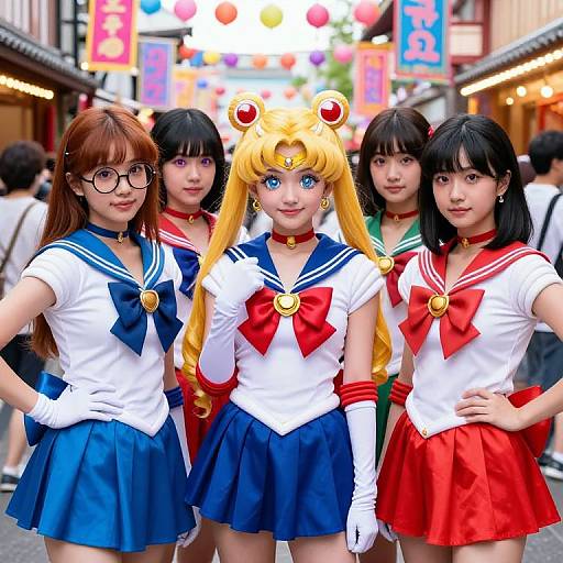 Photograph of five Asian women cosplaying as Sailor Moon in a colorful, bustling street; central blonde woman with iconic red and blue outfit, surrounded by