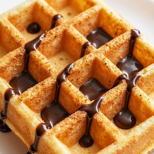 Close-up photo of golden-brown, rectangular waffle pieces drizzled with glossy, dark chocolate syrup, highlighting texture and rich contrast.