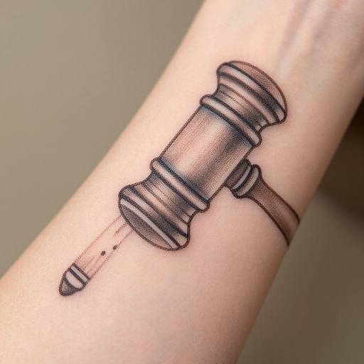 Tattoo of a black and gray gavel on a human forearm, featuring shading and fine lines, with a subtle background blur.