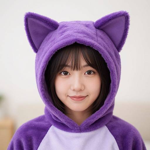 Photograph of an Asian child with straight black hair, wearing a purple cat-ear hooded fleece jacket, smiling softly at the camera.