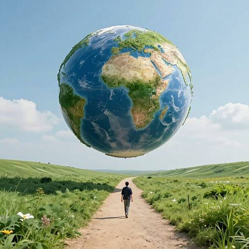 Photograph of a person walking on a dirt path, with a massive, floating Earth above, set against a clear blue sky and green hills.