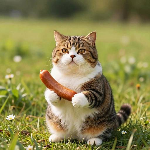 Chubby Cat Holding Sausage in Meadow