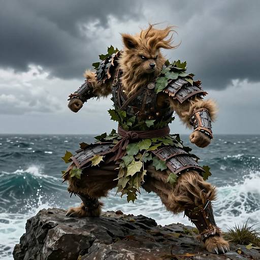 Fierce, furry, warrior in leaf-covered armor stands on rocky cliff, ready for battle, with turbulent ocean and stormy sky in background. CGI
