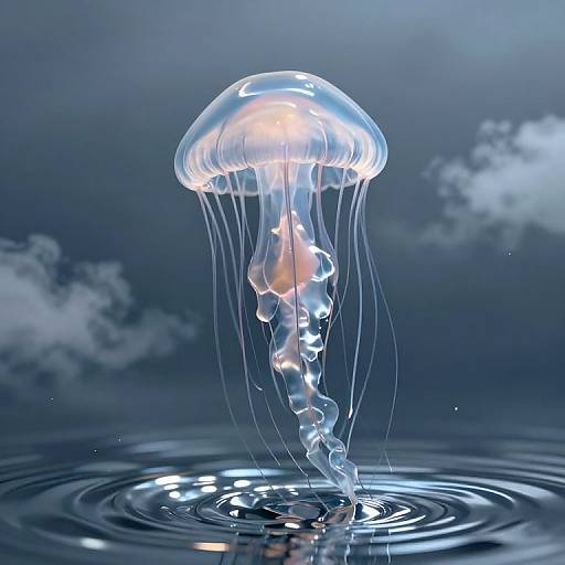Photorealistic CGI of a glowing, translucent jellyfish with long, flowing tentacles, floating above rippling water, against a dark blue, mist