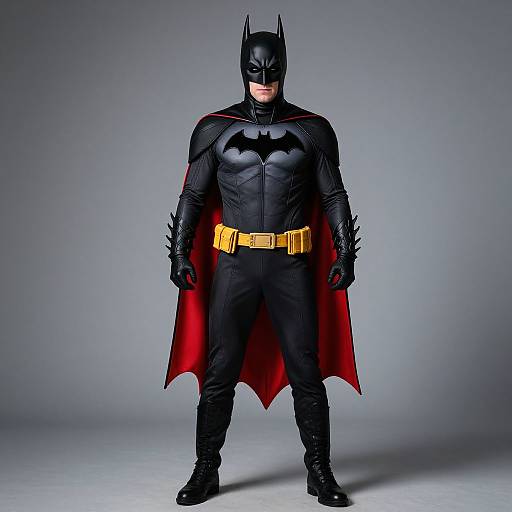 Photograph of a man in a detailed Batman costume with black armor, red cape, yellow belt, and black cowl, standing against a gray gradient
