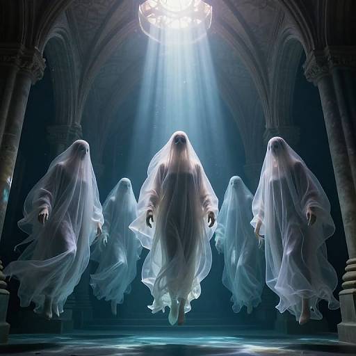 Photograph-like digital art of six ghostly figures in flowing white cloaks floating towards a glowing, sunlit, gothic archway.