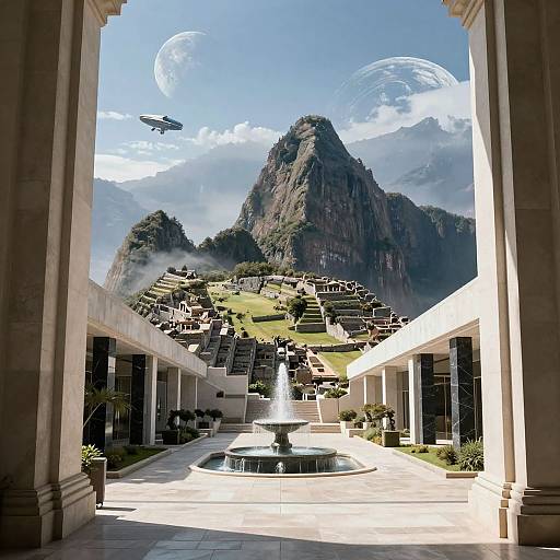 Photograph of Machu Picchu viewed through a colonnade, featuring a central fountain, terraced buildings, mountains, two moons, and a