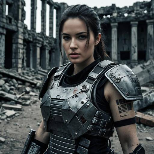Female Warrior in Armored Vest Amid Ruins