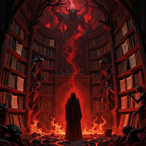 Digital artwork of a dark, fiery library with a hooded figure at the center, surrounded by flaming books, demonic statues, and a towering, horn