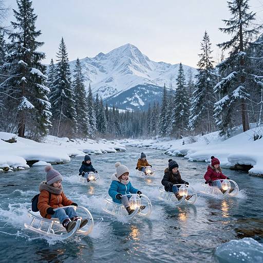 Children Glowing Sleds in Snowy Mountains