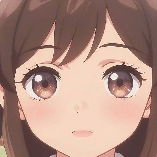 Close-up anime-style digital drawing of a young girl with large, sparkling brown eyes and brown hair, featuring soft blush and subtle expression.