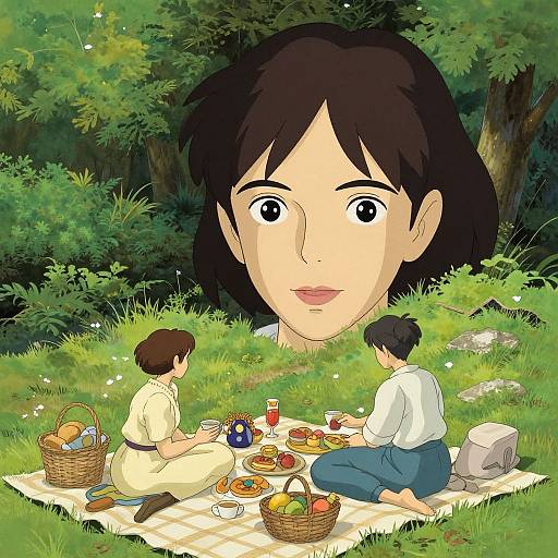 Anime-style illustration of two children having a picnic with a giant face of a smiling girl in the forest background.