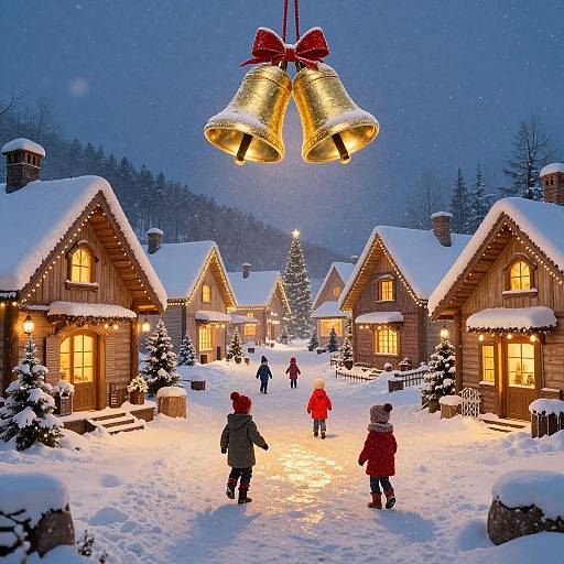 Photograph of a snowy, festive village at night with glowing wooden houses, a Christmas tree, and two large golden bells with a red bow overhead,