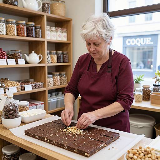 Photograph of an elderly white woman with short white hair, wearing a maroon apron, sprinkling nuts onto a chocolate bar in a brightly lit