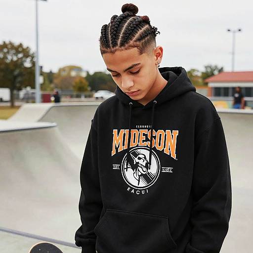 Photograph of a young man with braided hair, wearing a black 