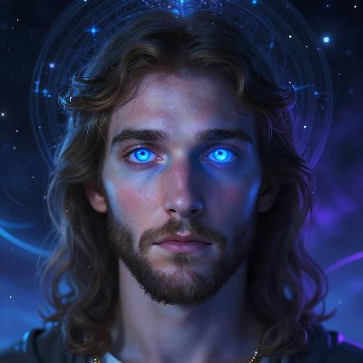 Digital artwork of a bearded man with glowing blue eyes, long brown hair, and a halo, set against a starry, cosmic background. Eth