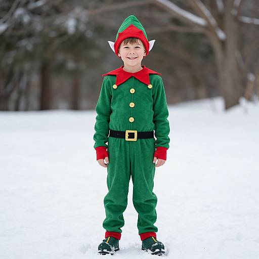 Photograph of a smiling young boy in a green elf costume with red accents, black belt, and black shoes, standing in a snowy forest.