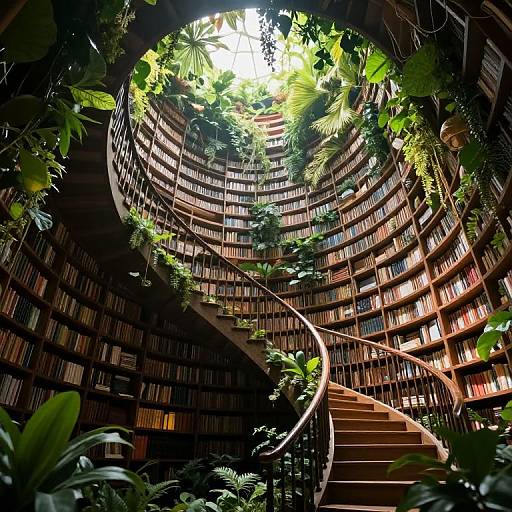 Photograph of a spiraling wooden staircase in a lush, circular library with tall bookshelves, vibrant green plants, and sunlight filtering from above.