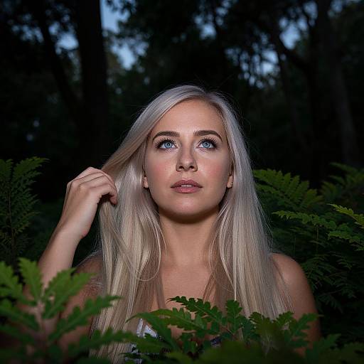 Photograph of a blonde woman with blue eyes, fair skin, and long hair, gazing upward in a dark forest, surrounded by green ferns