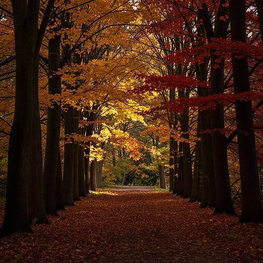 Photograph of a forest path lined with tall trees, their trunks dark, and vibrant autumn leaves in orange and red, creating a warm, golden