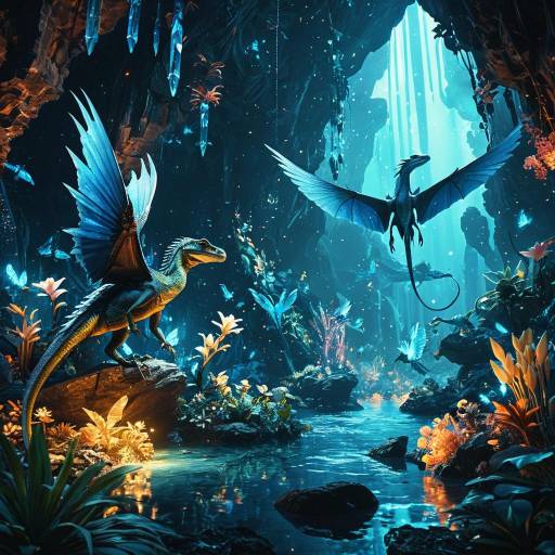 Winged Reptiles in Bioluminescent Cavern Winged Reptiles in Bioluminescent Cavern