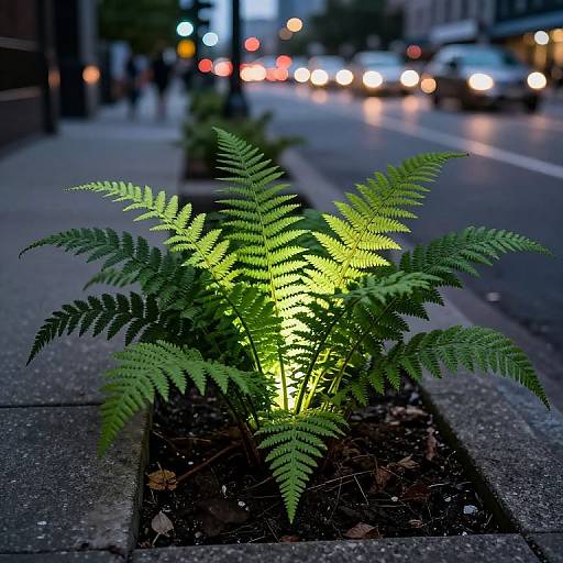 Photograph of a glowing green fern plant in a city sidewalk planter, illuminated by artificial light, with blurred car headlights in the background at dusk.