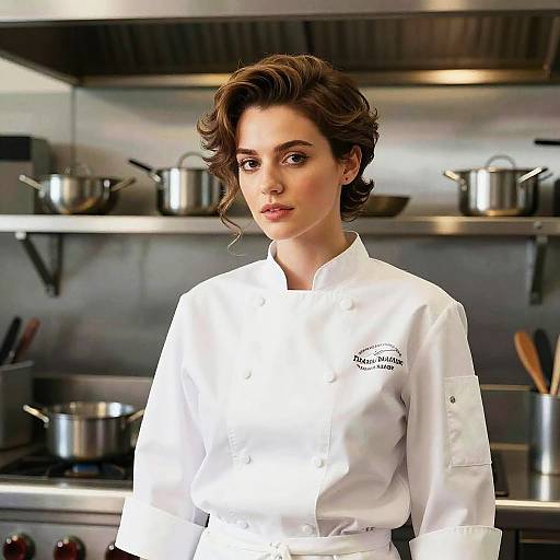 Photorealistic digital artwork of a focused young female chef with wavy brown hair, wearing a white chef's coat, standing in a modern, stainless