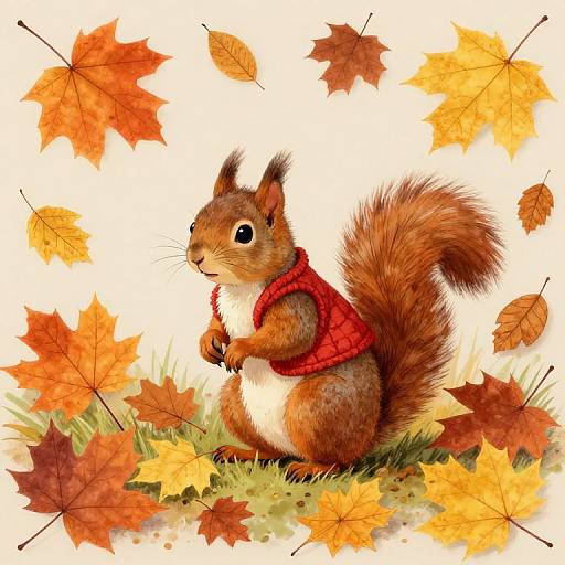 Digital illustration of a cute red squirrel in a red vest, surrounded by vibrant autumn leaves in shades of orange, red, and yellow.