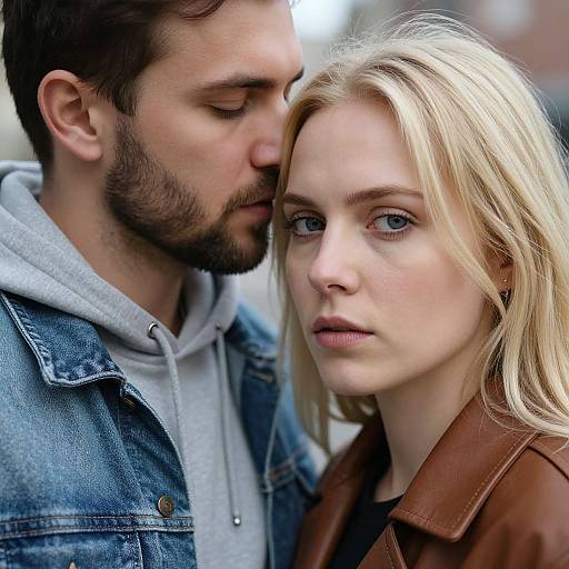 Photograph of a bearded man with dark hair, kissing the forehead of a blonde woman with blue eyes, wearing a brown leather jacket, standing closely